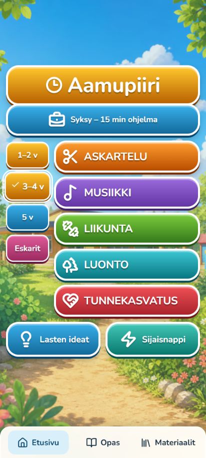 Päivän tuokiot -sovelluksen etusivu, jossa näkyvät ikäryhmät sekä askartelun, musiikin, liikunnan, luonnon ja tunnekasvatuksen valinnat.
