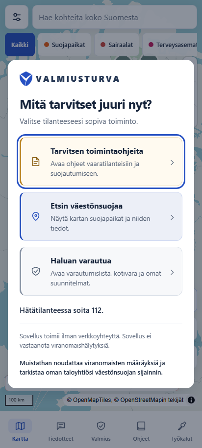ValmiusTurvan aloitusnäkymä: toimintaohjeet, väestönsuojan etsiminen ja varautuminen.